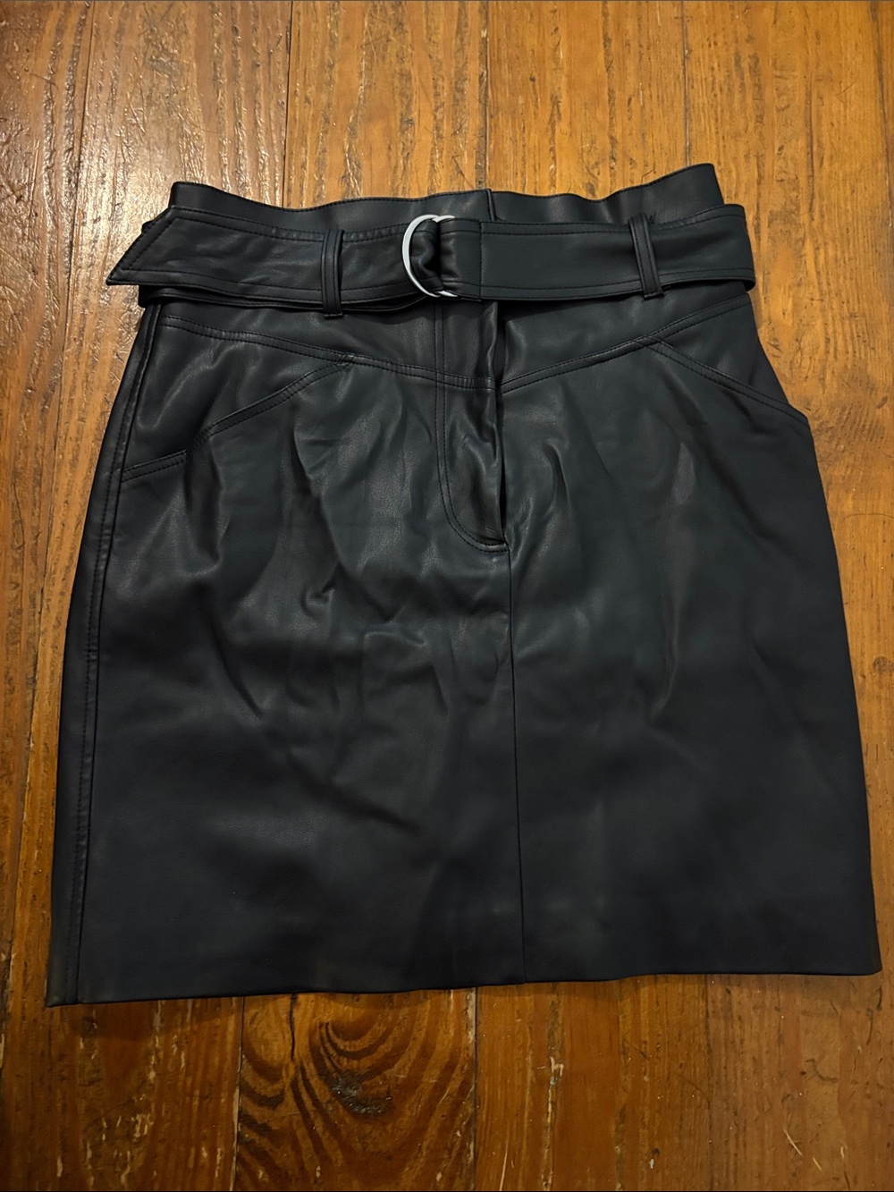 H&M Black Faux Leather Belted Mini Skirt